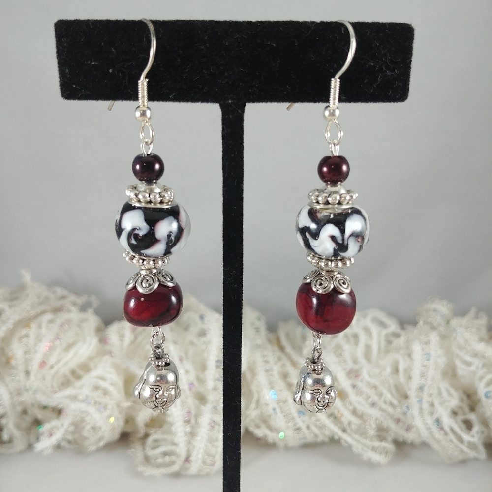 Black White & Red Beaded Buddha Earrings